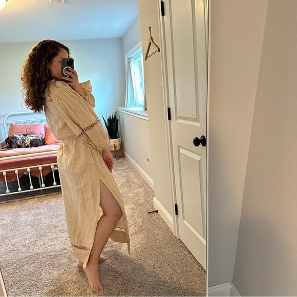 BOTEH Tan Neutral Linen Long Sleeve Eyelet Maxi Dress 1 Medium - Picture 2 of 16